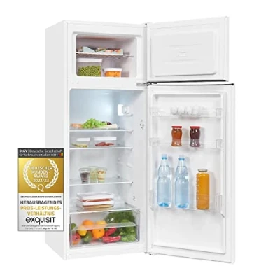 Imagen de Exquisit® Frigorífico Vertical, 206L, Clase E, Color Blanco, 2 Puertas, Estantes de Cristal, Cajón Verdulero, Puerta Reversible, Tiradores Integrados, Consumo 172 kWh/año, Medidas 142,6x54,5x55,5 Cm.