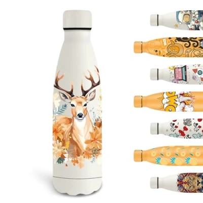 Imagen de Grsta Botella Agua Acero Inoxidable, 500ml Termica, de sin BPA, Personalizada con Ciervos, Reutilizable a Prueba Fugas, para la Escuela, Viajar, Blanco