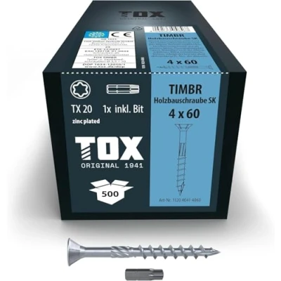 Imagen de TOX tornillos para construcción de madera TIMBR SK 4,0 x 60 mm, azul galvanizado con cabeza avellanada, TX20, 500 unidades en caja, incl. 1x broca, 112040414060