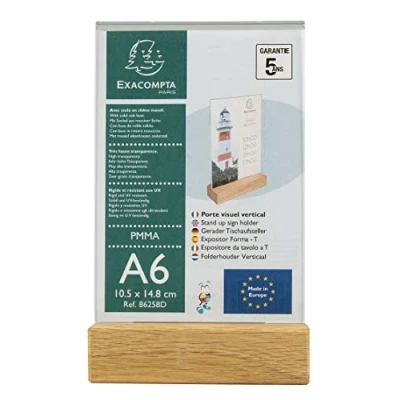 Imagen de Exacompta Ref 86258D Soporte para carteles con base de madera Adecuado documentos A6, zócalo roble macizo, visible por ambos lados, material PMMA (acrílico), rígido y resistente a los