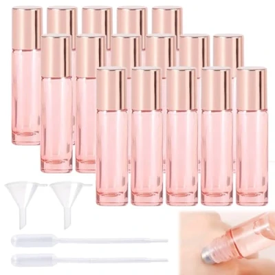 Imagen de botellas de rodillo aceites esenciales, 16 cristal roll on, botella vacía 10 ml con bolas acero inoxidable, rellenables, multicolor para