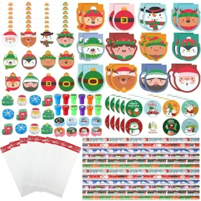Imagen de KAHEIGN 192 Piezas Papelería Escolar Navideño, 24 Navideños Cuadernos Lápices Borradores Sacapuntas Sellos Pegatinas Redondas Regalo Bolsas para Navidad Fiesta Juegos Recompensa