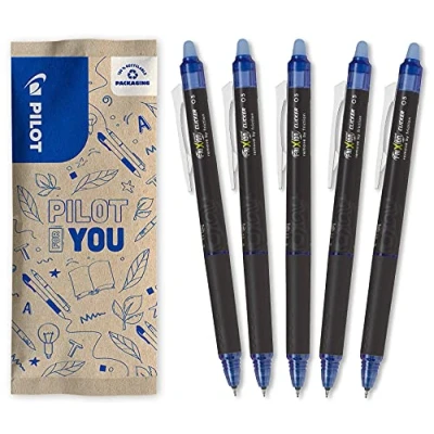 Imagen de PILOT FriXion Point Clicker 0,5, bolígrafo retráctil de tinta termosensible borrable, recargable, punta fina, color azul, lote 5 unidades