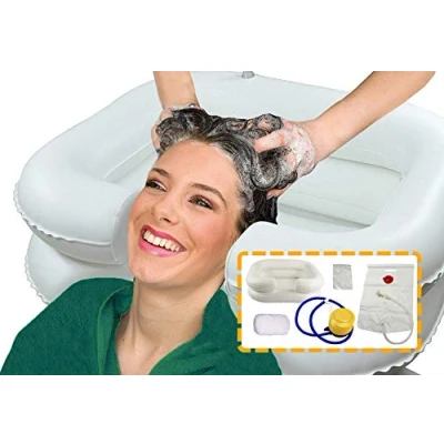 Imagen de OrtoPrime Lavacabezas Hinchable para Cama KIT COMPLETO con tubo de Drenaje y Bolsa Ortopedia Portátil PELUQUERÍA HOGAR Hinchador Lavabo Cabello Bañera