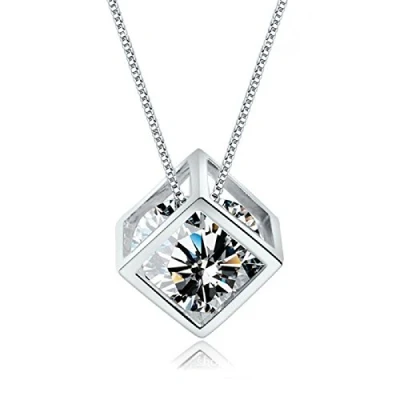Imagen de Crystalline Azuria Mujer 18ct Chapado en Oro Blanco Rombo Cubo Collar con Colgante Cristales de Zirconia 45 cm para y Niña