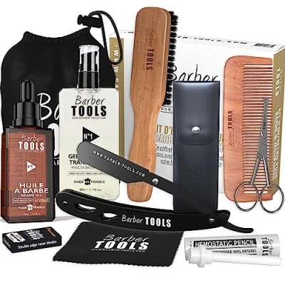 Imagen de Set de barba y afeitado para hombre Aceite, gel transparente, Navaja, cepillo, peine, tijeras, bolsa almacenamiento Kit accesorios
