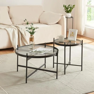 Imagen de [en.casa] Juego de 2 Mesas Lier Mesa Centro + Auxiliar Redondas para Salón Dormitorio Entrada Tablero Cristal Templado Estable Versátil Metal 40 x Ø 61 cm y 46 42 Negro