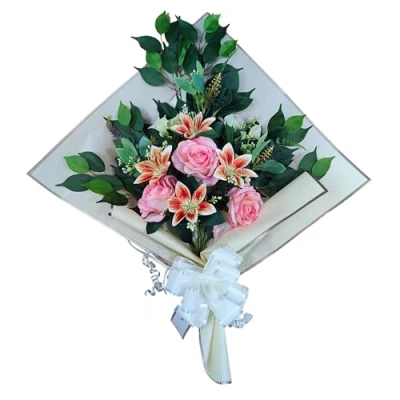 Imagen de DRW Ramo de Flores para Cementerio Artificiales Meter en el Bote Jarron o sobre Sepultura 73x63x20 cm (Rosas y Lirios Rosas)