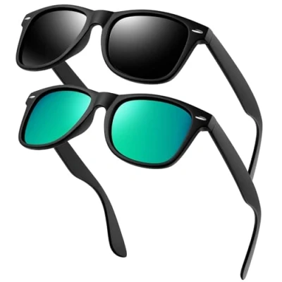 Imagen de KANASTAL 2 Pares Gafas de Sol Hombre Polarizadas Verde Mujer Cuadradas Clásicas Retro Protección UV400 para Conducir Pesca Golf Negras Mate + Espejo