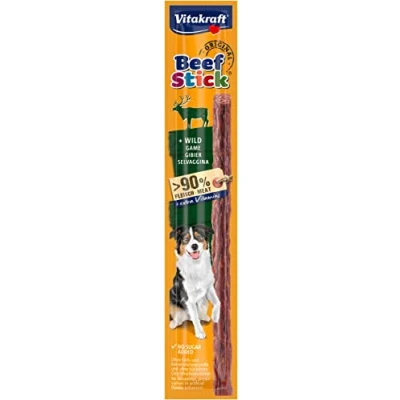 Imagen de Vitakraft Beef stick Wild, snack para perros con carne de caza, contenido extra alto carne, mimar y premiar, sin azúcares añadidos, saborizantes, colorantes ni conservantes (1x 12g)
