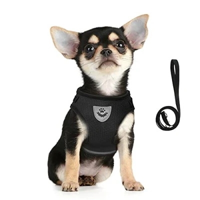 Imagen de FEimaX Arnés Perro Pequeños y Correa Reflectante Ajustable Antitirones Arnes de Malla Transpirable para Cachorros Gatos, Cómodo Chaleco Acolchado Perros Correr Caminar