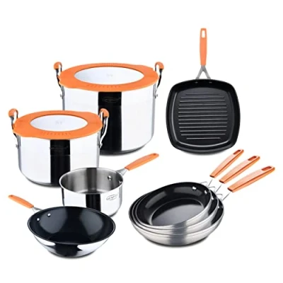 Imagen de San Ignacio Compact Juego de Ollas y Sartenes 10 Piezas Fabricadas en Acero Inoxidable Batería Cocina 2 con Tapa 1 Cacerola Asador Wok 3