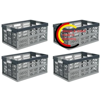 Imagen de KiNDERWELT Juego de 4 robustas cajas plegables profesionales 45 l a 50 kg caja almacenamiento, cesta transporte, Plata/Gris