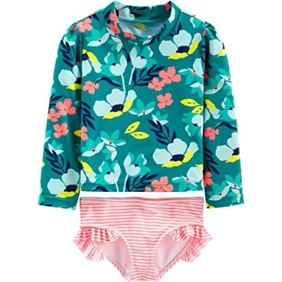 Imagen de Simple Joys by Carter&#039;s 2 Piece Assorted Rashguard Sets Juego de protección Sarpullido, Rosa Rayas/Verde Floral, 5 años para Bebés