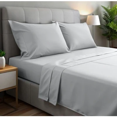 Imagen de gobedreams Juego de Sábanas 4 Piezas 150x190/200. Cama Poliéster Microfibra cepillada. Sábana Plana, Sabana Bajera Ajustable y 2 Fundas Almohada. Color Gris Claro
