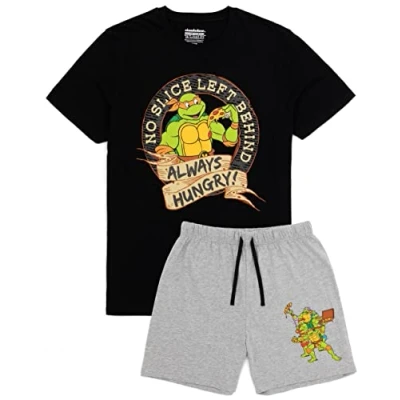 Imagen de Teenage Mutant Ninja Turtles Pijama para Hombre Michelangelo Warrior Character Pizza Camiseta Negra Pantalones Cortos Gris Pjs Mercancía TMNT