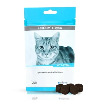Imagen de Alfavet FeliGum L Lisina en caso de Coryza, complemento alimenticio para gatos, bolsa 120 g, aproximadamente 60 pastillas masticar