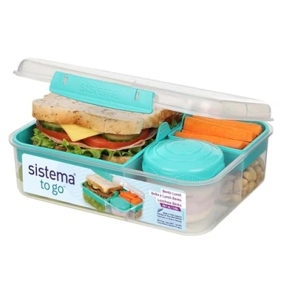 Imagen de Sistema TO GO Fiambrera bento con tarrina para yogur o fruta 1,65 l Sin BPA Verde azulado