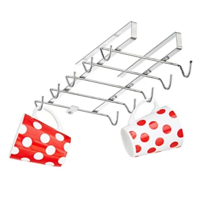 Imagen de 2 Cuelgatazas para Armario, Colgadores 10 Tazas c/u, Ganchos Metálicos, Hierro, 6x14x28cm, Plateado