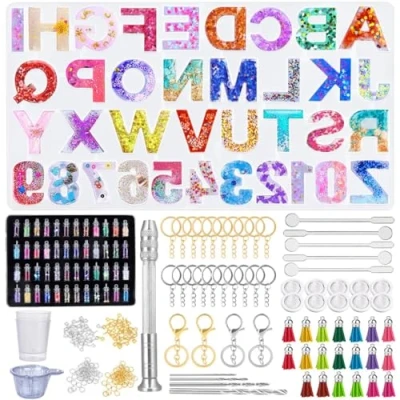 Imagen de 314 Piezas Molde Silicona Resina, Moldes de Resina Epoxi con Número Letras, Kit 48 Polvo Purpurina y Accesorios para Hacer Colgante, Joyería, Llavero, DIY, Manualidades
