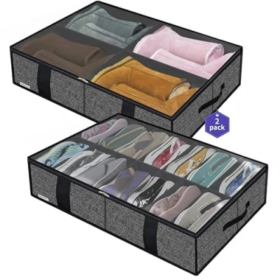 Imagen de homyfort Organizador de calzado para debajo la cama (tamaño grande, 14 + 4 compartimentos), Titular Zapata Bolsas organizadoras Zapatos, Plegable, 86x60x15 cm, Negro Lino, 7XAUBS14S4