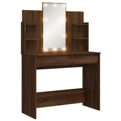 Imagen de vidaXL Tocador, Mesa con Luces LED Espejo Cajones Estantes, Tocador de Maquillaje, Mueble Almacenaje para Vestidor Dormitorio, Roble Marrón