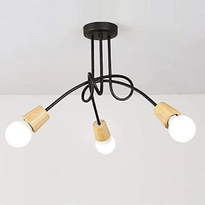 Imagen de iDEGU lámpara de techo industrial retro metal, E27, moderna para sala estar, dormitorio, comedor, madera y negro, 3 lámparas, sin bombillas