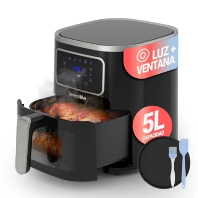 Imagen de UniversalBlue Freidora de Aire 5L Negra e Inox, con Ventana, Control Táctil, Bandeja + Pincel Espátula Incluidos