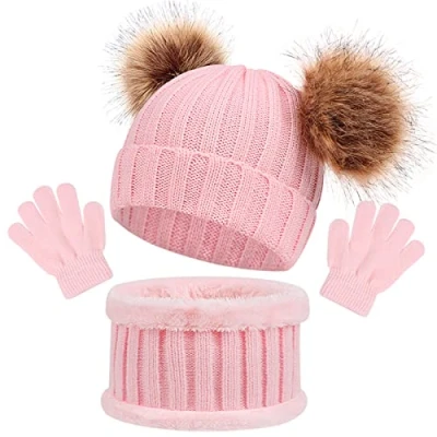 Imagen de Conjunto de Bufanda y Gorro Guantes 3 Piezas para Niños 1 a 6 Años, Invierno Lindo Cálido Punto Beanie Gorros con Pompon, Mantener Caliente Accesorios Niña Niño (Rosa)