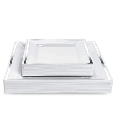 Imagen de MATANA 40 Platos de Plástico Cuadrados Blancos Premium con Borde Plateado 2 Tamaños: 24cm y 16cm Elegantes, Reutilizables Resistentes Bodas, Cumpleaños, Navidad, Fiestas