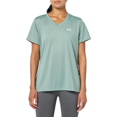 Imagen de Under Armour Camiseta Tech de manga corta con cuello en V para mujer, (348) verde sílice/blanco, XL