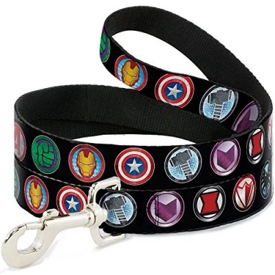 Imagen de Correa para Perro con 9 Iconos de Vengador, Color Negro, Multicolor, 6 pies Largo y 0.5 Pulgadas Ancho