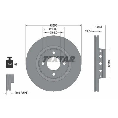 Imagen de TEXTAR 92060600 Disco de freno 280 22 04/04 108 ventilación externa sin perno sujeción rueda, buje rueda AUDI: Coupe B3, 80 B4 Berlina