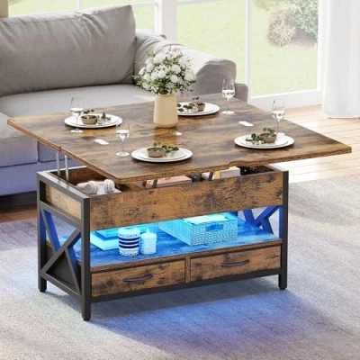 Imagen de YITAHOME Mesa de Centro Elevable y Extensible, Salon con 2 Cajóns LED Compartimento Oculto, Mesas elevables Modernas,90x50x51,5 cm