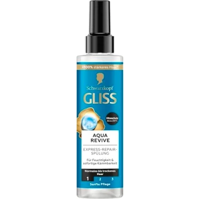 Imagen de Gliss Express Repair Acondicionador Aqua Revive (200 ml) que ofrece una dosis extra de humedad y brillo saludable, con protección térmica hasta 230 C