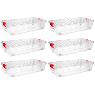 Imagen de AC Pack de 6 Cajas Almacenamiento Modelo KLIP bajocama Fabricado en Plástico Capacidad 35 litros Cierre hermético y Tapa abatible 16 x 39,5 78 cm.
