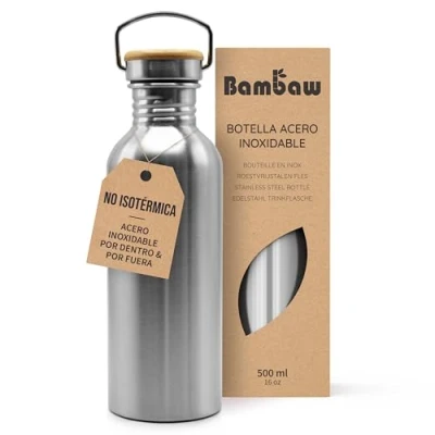 Imagen de Bambaw Botella Agua Acero Inoxidable 500ml Ecológica No Térmica Cantimplora De Fácil Limpiar Reutilizable Niños Libre BPA