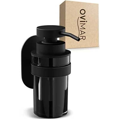 Imagen de ovimar dispensador de jabón Lokta Negro con Montaje en Pared sin taladrar Acero Inoxidable y Moderno Cristal Abertura Extra Grande, fácil Rellenar para el baño o la Cocina