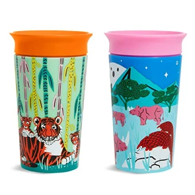 Imagen de Munchkin Vaso Bebé y Niños Pequeños, Set de Vasos con Borde 360º, Antiderrame Silicona Libre BPA, Apto para Lavavajillas, Embalaje Reciclado, Lote 2 x 266 ml, Rinoceronte/Tigre