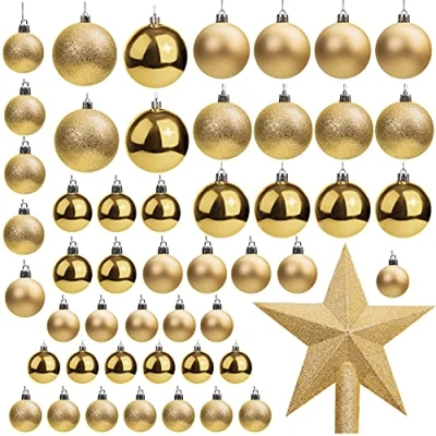 Imagen de Belle Vous Bolas de Navidad Doradas (Pack 50) Tamaños Variados Navideñas con Brillo y Estrella para la Punta Adornos Decor Fiestas Interior Exterior