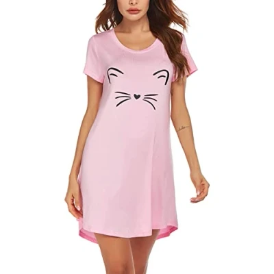 Imagen de MAXMODA camisón de Manga Corta para Mujer Dormir Lindo Estampado Negligees Camiseta Rosa L