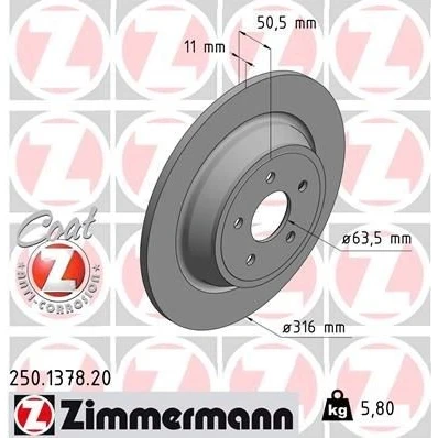 Imagen de ZIMMERMANN COAT Z 250.1378.20 Disco de freno 316 11 5/5 5 108 macizo revestido FORD: KUGA 2, Mondeo Kombi