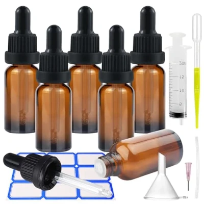 Imagen de Impoditiongs 6Pcs Ambar Frasco cuentagotas Cristal 20ml, Botellas de vidrio ámbar con pipetas para aceites esenciales, Cuentagotas, Embudo y Gotero (Marrón)