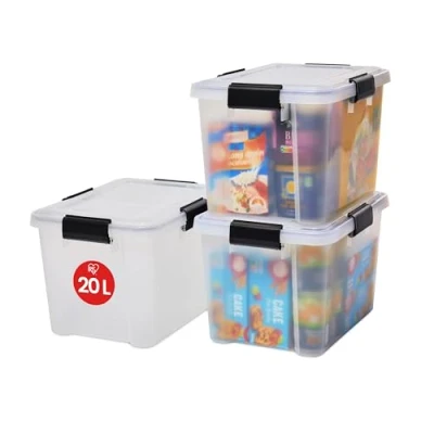 Imagen de Iris Ohyama 3 Cajas herméticas de plástico con tapa y cierres a presión, 20L, Transparente, sello impermeable, apilables, antipolvo, para ropas, camping, exteriores, cubo almacenaje, box, AT SD