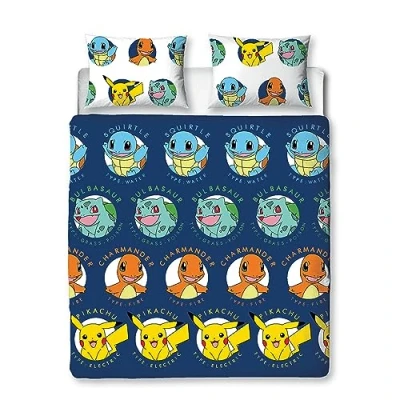 Imagen de Character World Juego de Funda edredón Oficial Pokemon, diseño Gotta Azul Reversible Pikachu Squirtle Charmander 2 Caras Ropa Cama Producto Incluye Fundas Almohada a