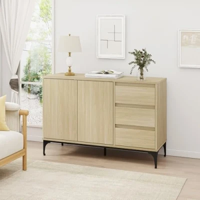 Imagen de [en.casa] Aparador Bajo Kistiandi Mueble de Salón con 3 Cajones, 2 Puertas y 1 Estante Regulable en Altura Buffet para 77 x 120 40 cm Efecto Roble, Claro
