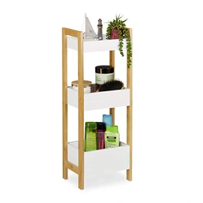 Imagen de Relaxdays Estantería Baño con 3 Cestas, Bambú y MDF, 74,5 x 28 20 cm, Estante Vertical Lavabo Cocina, Natural/Blanco