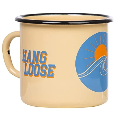 Imagen de MUGSY Taza esmaltada con texto «Hang Loose», 330 ml, diseño de ondas, surf, playa, sol (beige)