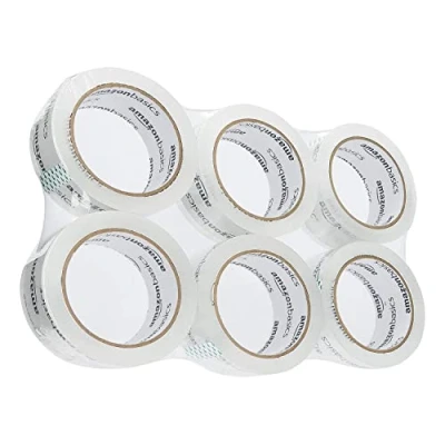Imagen de Amazon Basics Cinta de embalaje para mudanza y almacenamiento , 6 Unidad, ancho estándar: 4,7 cm x 49,9 m, Claro
