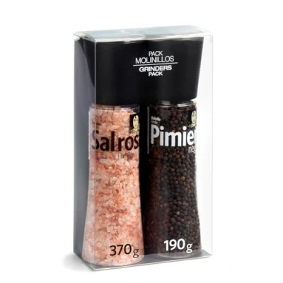 Imagen de CARMENCITA Pack 2 Molinillos Gigantes Sal Rosa del Himalaya Pimienta negra y Especias para cocinar grano recién molida carnes, verduras, ensaladas, cremas 560 g